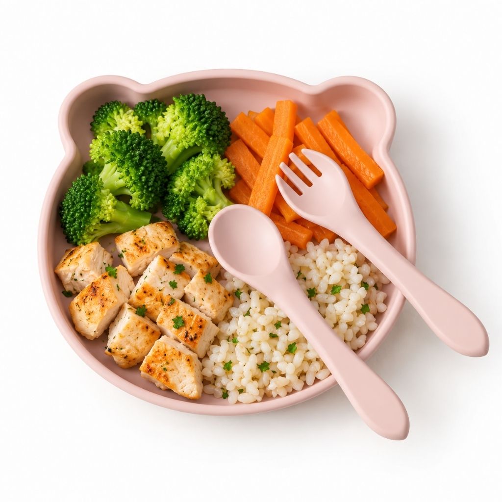 Assiette à ventouse bébé ourson rose avec légumes, poulet, féculent et couverts