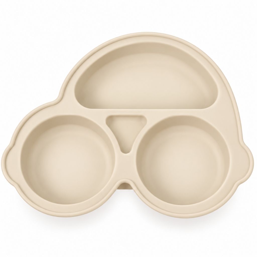 Assiette bébé voiture beige crème en silicone avec compartiments