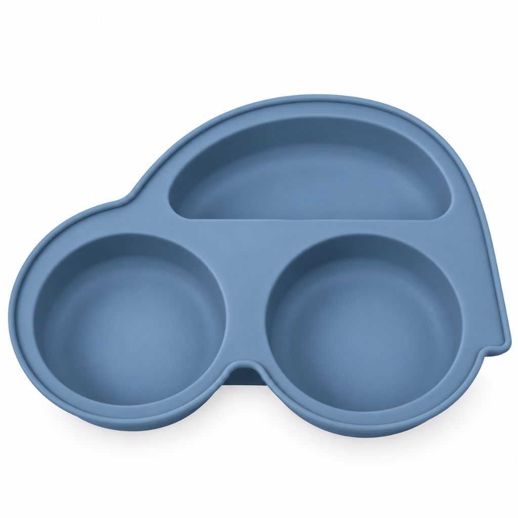 Assiette bébé voiture bleu ardoise en silicone avec compartiments et ventouses