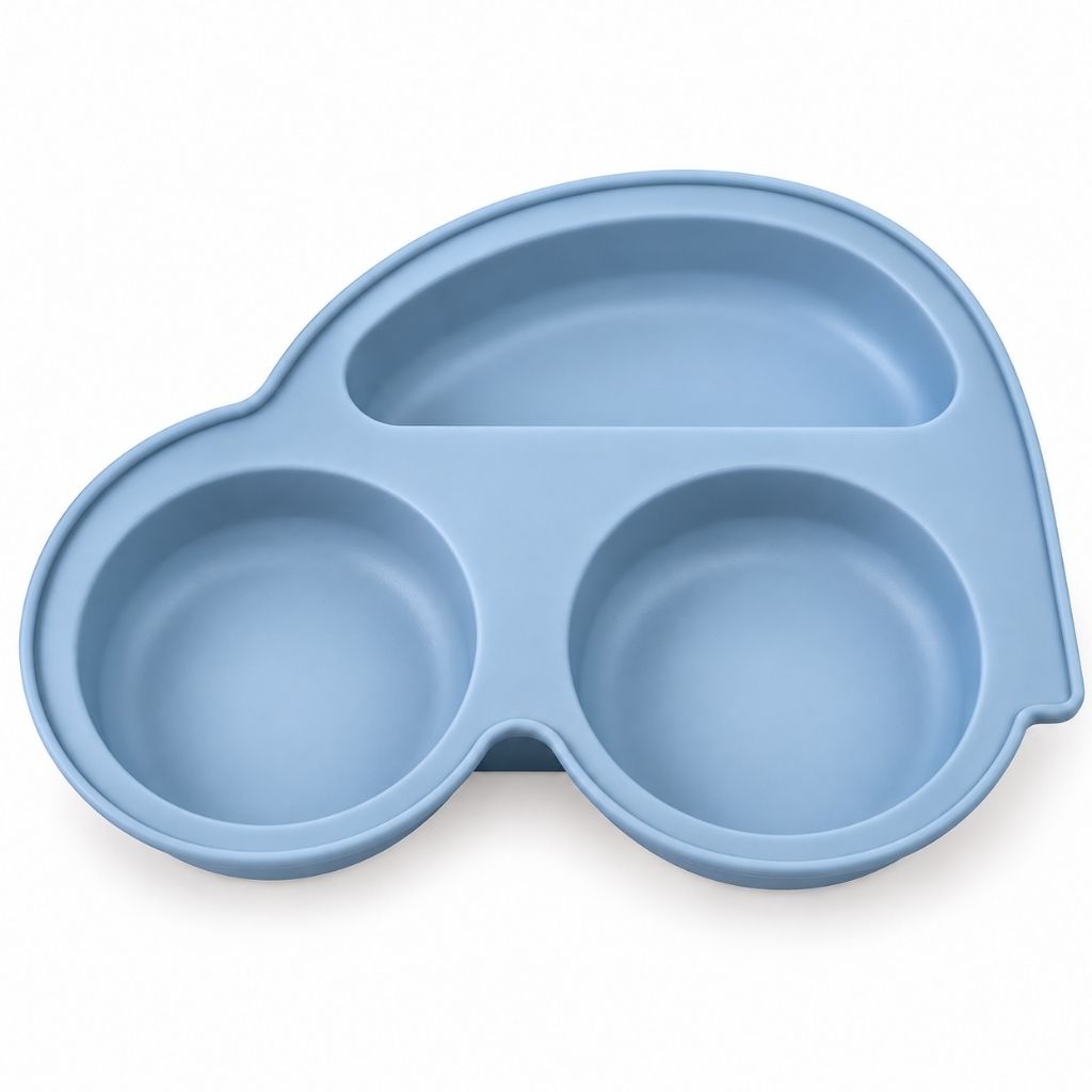 Assiette à ventouse bébé voiture bleu clair en silicone avec compartiments