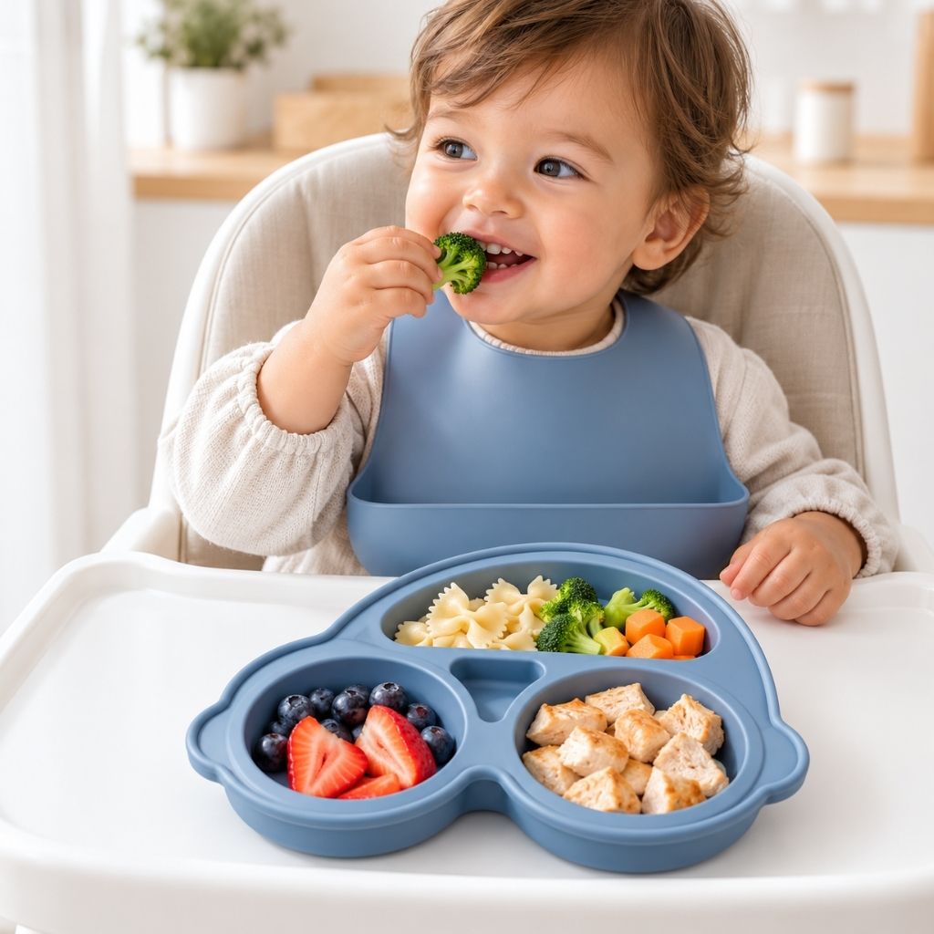 Enfant mangeant avec une assiette compartimentée bébé voiture bleu ardoise