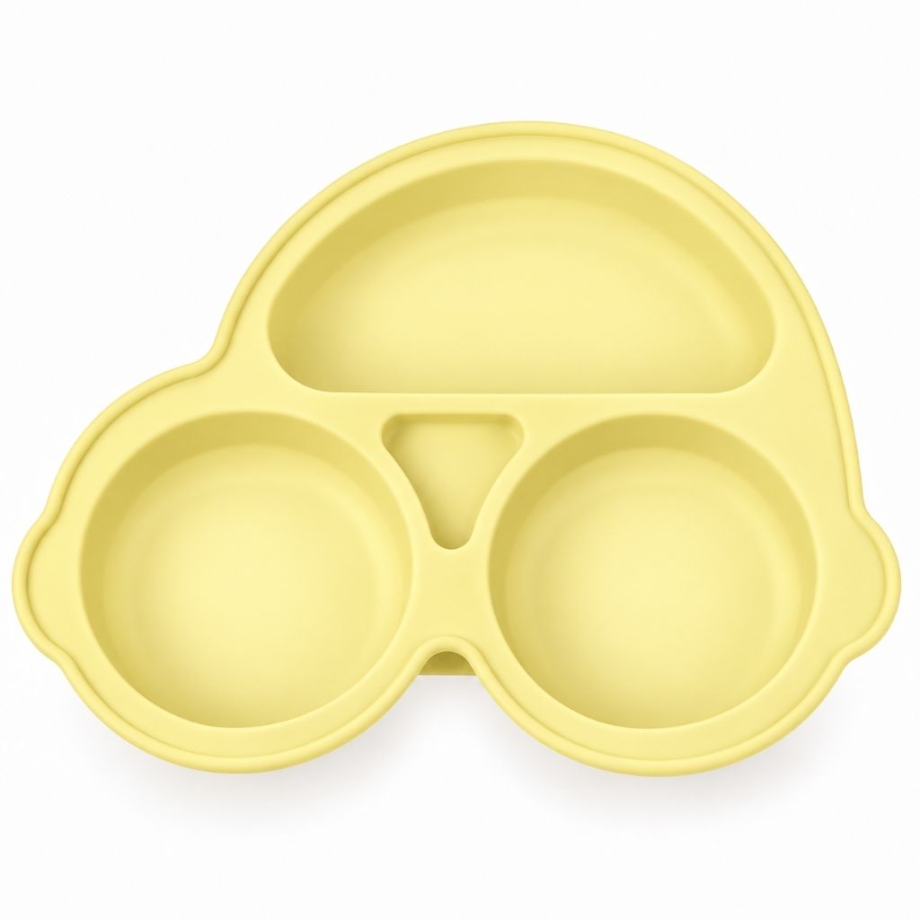Assiette compartimentée bébé jaune en silicone en forme de voiture