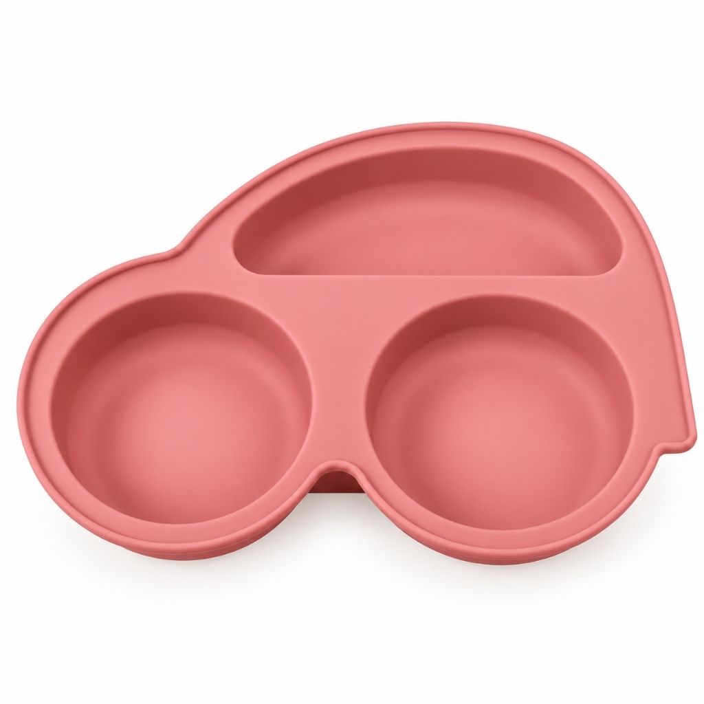 Assiette à ventouse bébé en silicone rose corail avec trois compartiments