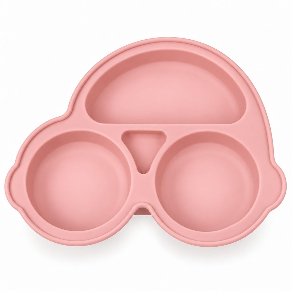 Assiette à ventouse bébé voiture rose poudré avec trois compartiments