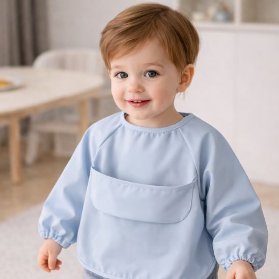 Bavoir bébé longue manche beige imperméable doux et confortable