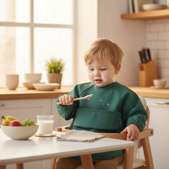Bavoir bébé longue manche porté par enfant pendant le repas