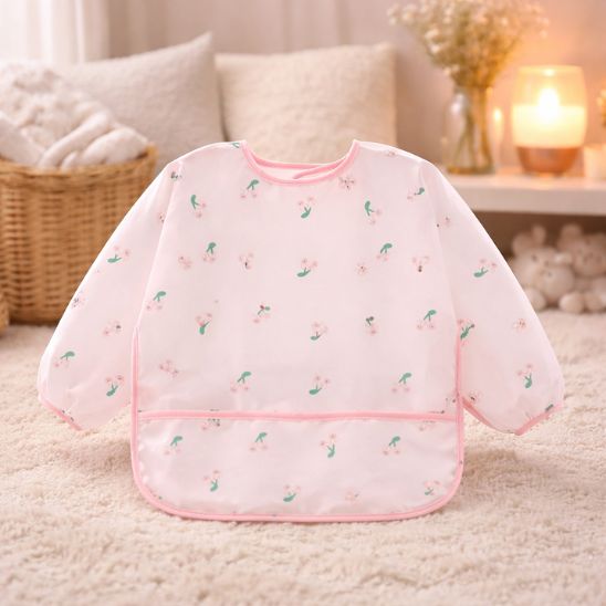 Bavoir bébé manche longue imperméable motif lapins rose, design tendre pour bébé