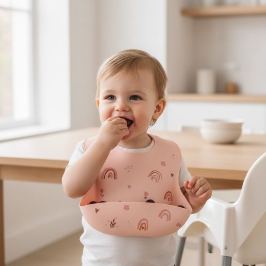 Bavoir bebe silicone avec poche profonde pour recuperer aliments