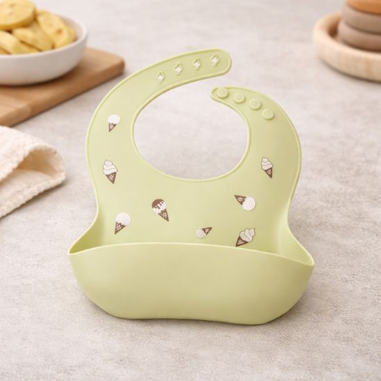 Bavoir bebe silicone vert motif glace avec poche attrape nourriture