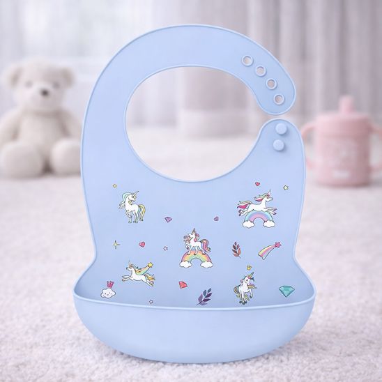 Bavoir pour bebe silicone motif licorne avec poche attrape nourriture