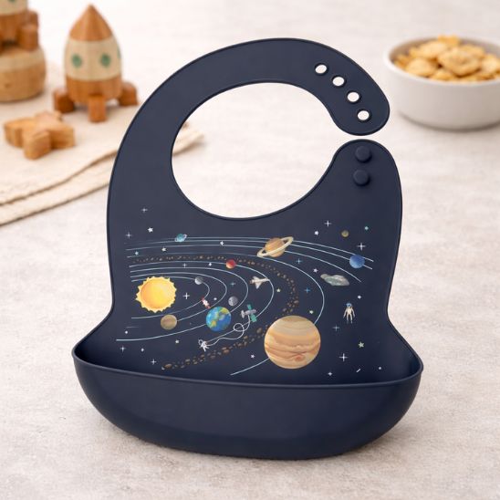 Bavoir silicone bebe motif dinosaures avec poche attrape nourriture