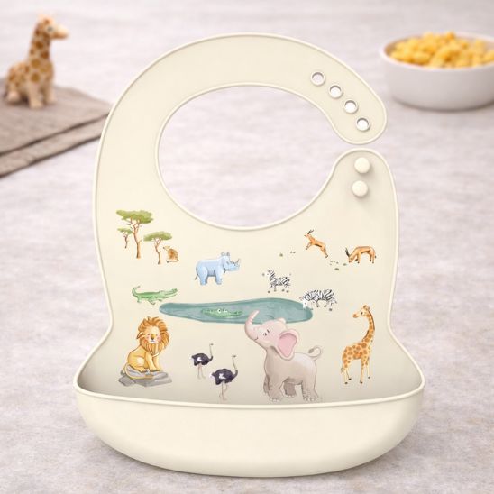 Bavoir silicone bebe imperméable avec grande poche recuperatrice