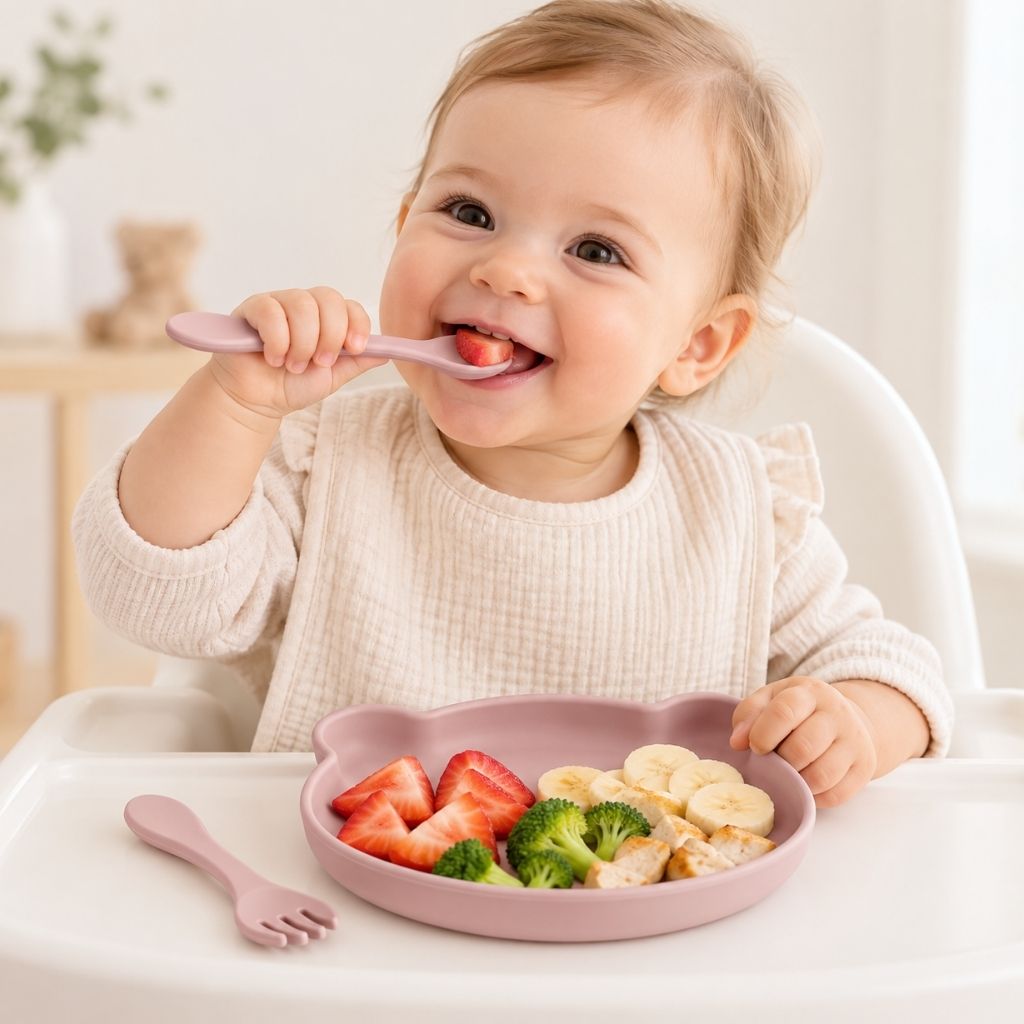 Bébé mange seul avec une assiette à ventouse ourson rose sur sa chaise haute
