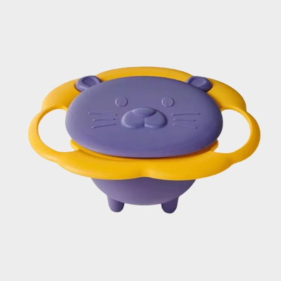 Bol anti renversement bébé jaune avec cuve violette, système gyroscopique 360°