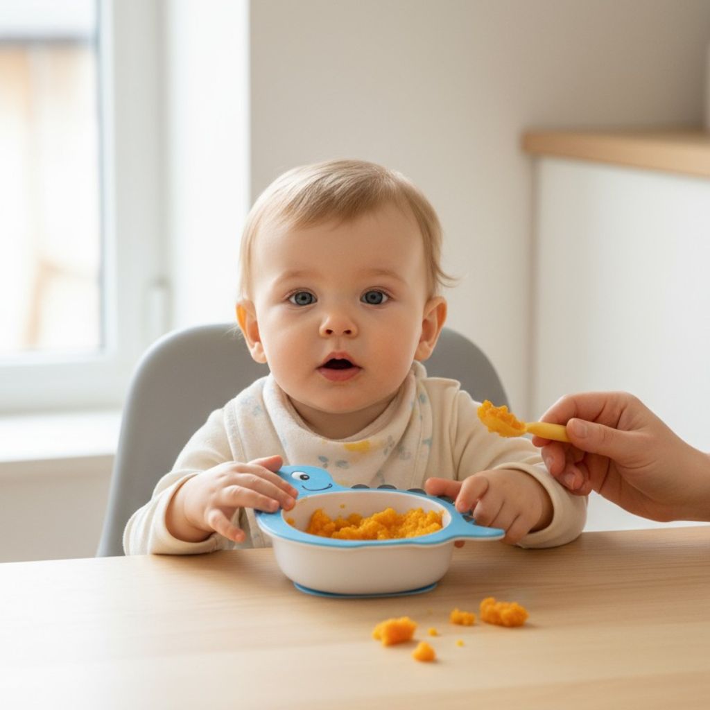 bebe mangeant dans un bol enfant dinosaure bleu, repas ludique – Bébé-Miam