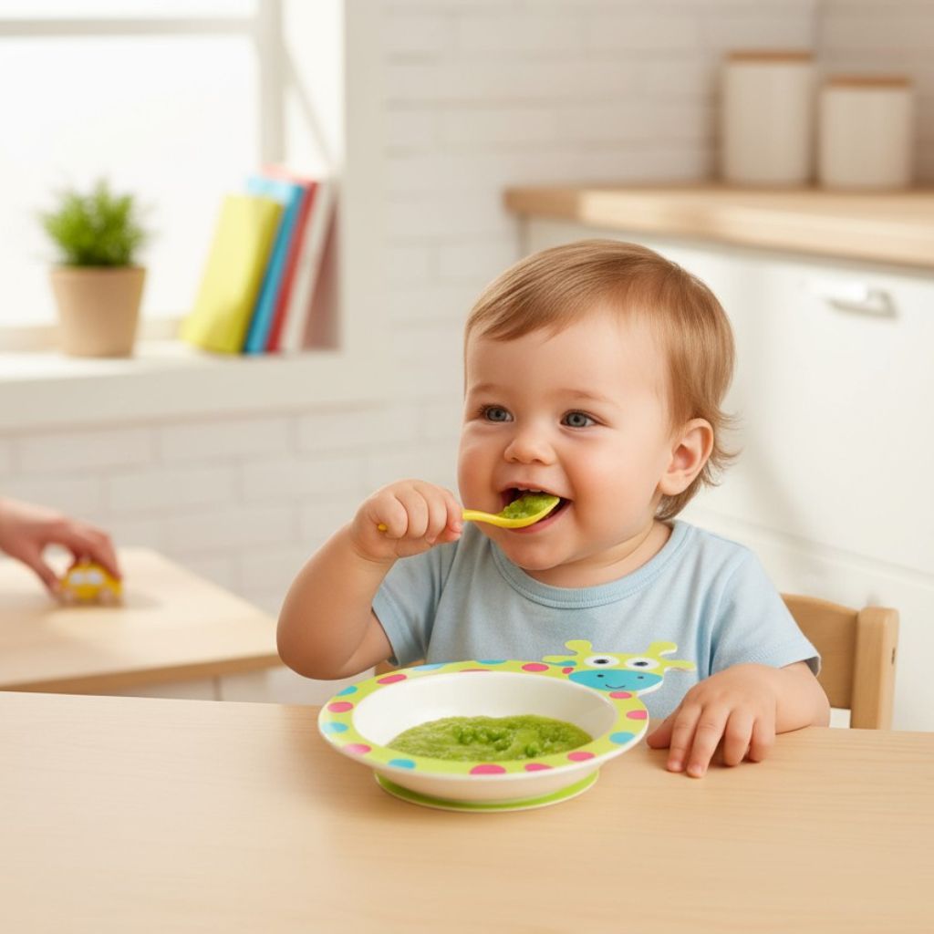 bebe mangeant dans un bol enfant girafe vert, ambiance naturelle – Bébé-Miam