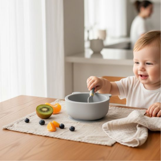 Bol ourson ventouse bébé gris, pratique et sécurisé pour le repas