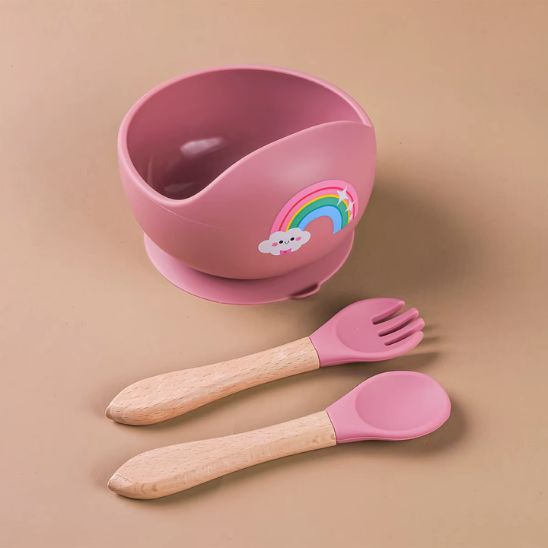 Bol pour bebe arc en ciel rose en silicone alimentaire sans BPA