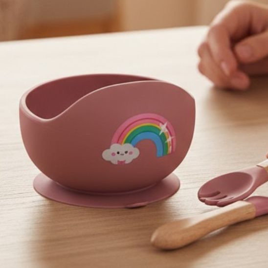 Bol pour bebe arc en ciel rose pastel avec ventouse antidérapante Bébé-Miammiam