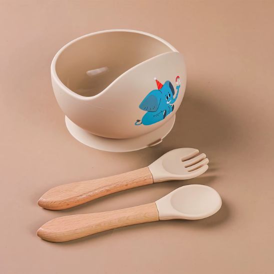 Bol pour bebe éléphant beige en silicone souple antidérapant