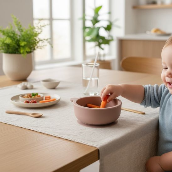 Bol bébé marron clair, souple et sécurisé pour les repas du quotidien