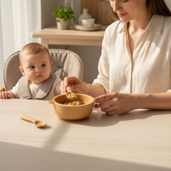 Bol silicone bebe couleur moutarde, base stable et toucher doux