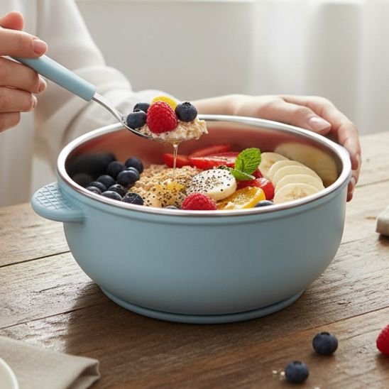 Bol inox bebe bleu avec base silicone ventouse