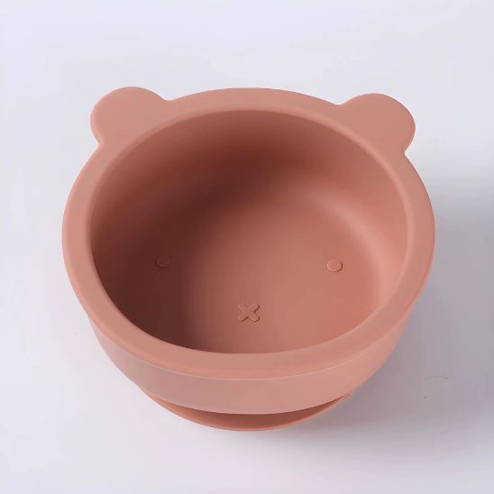 Bol ventouse bébé couleur terracotta avec oreilles d’ourson, antidérapant et souple
