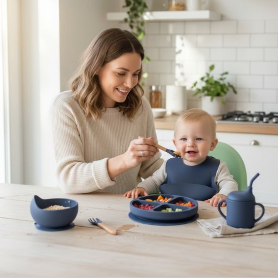 Coffret repas bébé garçon Bébé Miam – Bavoir ajustable 4 trous silicone bleu