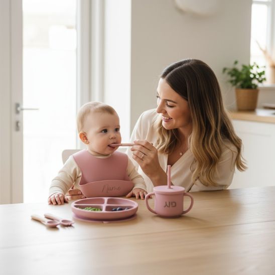 Coffret repas bébé personnalisé avec prénom Bébé Miam – Bavoir silicone prénom offert