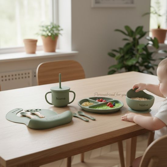 Coffret repas personnalisé bébé Bébé Miam – Bavoir silicone avec prénom gravé
