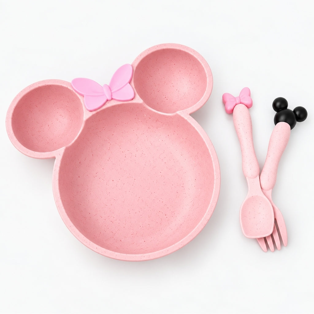 Assiette souris rose en paille de blé et ses couverts assortis pour les premiers repas