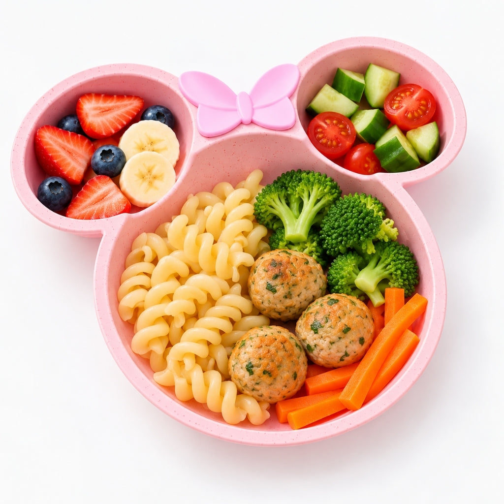 Assiette bébé rose à trois compartiments avec fruits dans les oreilles et plat complet au centre