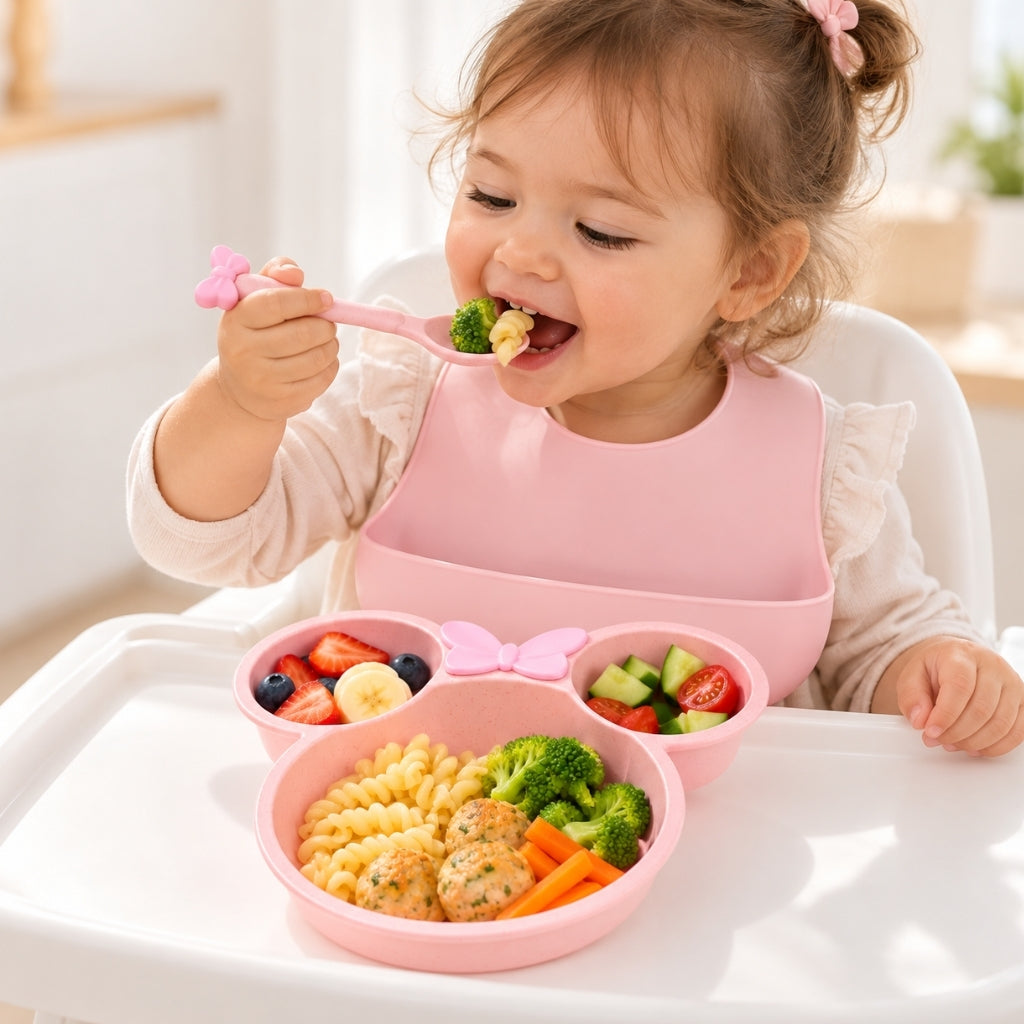 Petite fille dans sa chaise haute qui mange seule avec sa cuillère rose et son assiette souris