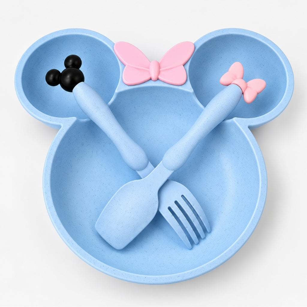 Assiette bébé bleue en paille de blé forme souris avec sa fourchette et sa cuillère