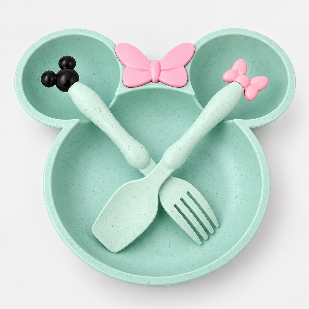 Couvert et assiette pour bébé coloris vert menthe, assiette à trois compartiments avec nœud rose