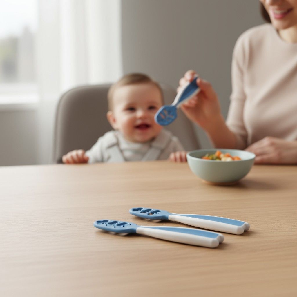 Cuillère d’apprentissage bébé bleue en silicone sans BPA – Bébé-Miam