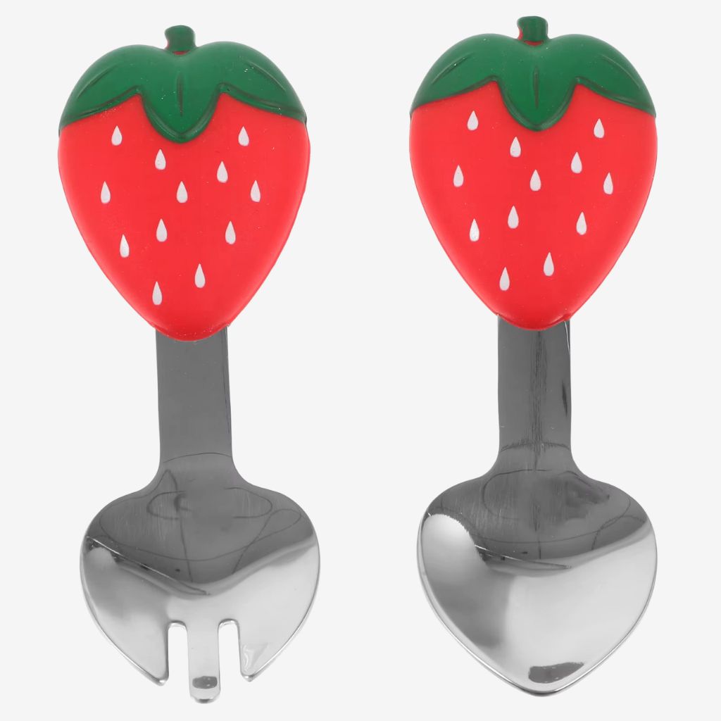 Ustensiles bebe fraise en silicone et acier inoxydable