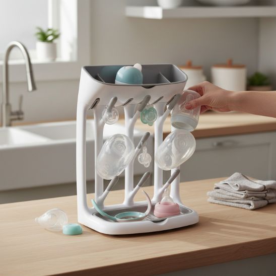 Égouttoir biberon avec bras inclinés et plateau d’évacuation pour séchage optimal