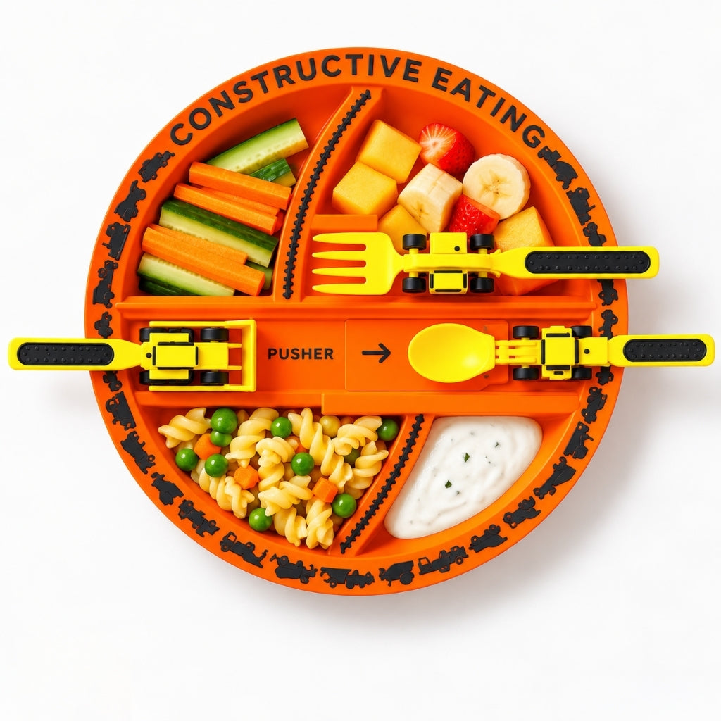 Kit assiette bébé chantier orange garni de légumes, fruits, pâtes et sauce dans ses quatre compartiments