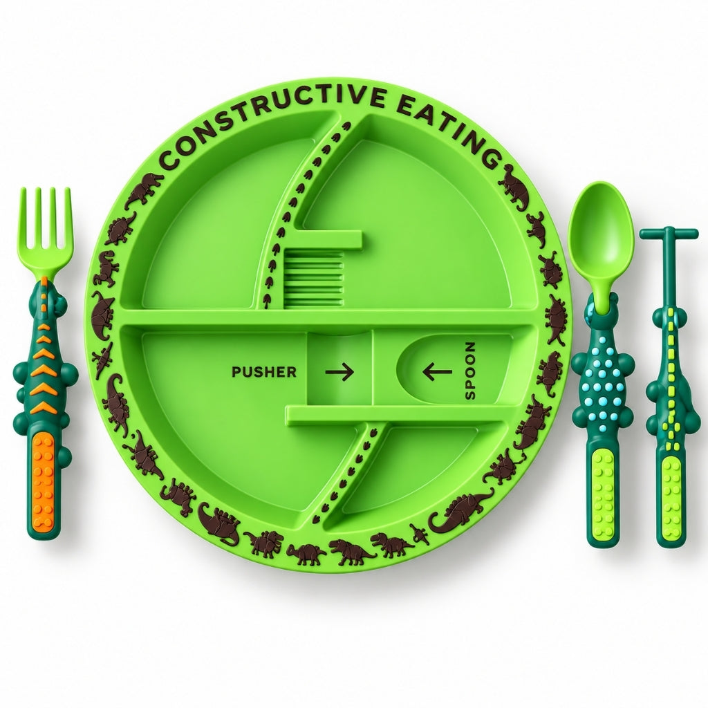 Assiette enfant verte à frise de dinosaures avec fourchette, cuillère et pousseur aux manches de dinos