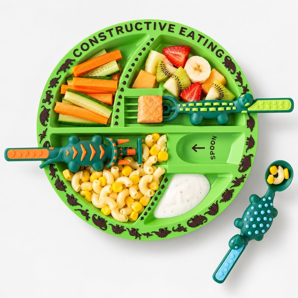 Kit assiette bébé vert thème dinosaure garni de crudités, fruits, pâtes et sauce avec couverts dinos