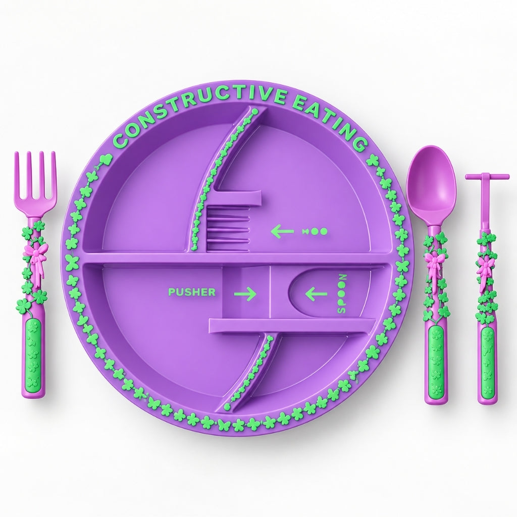 Assiette enfant violette décorée de fleurs vertes avec fourchette, cuillère et pousseur assortis