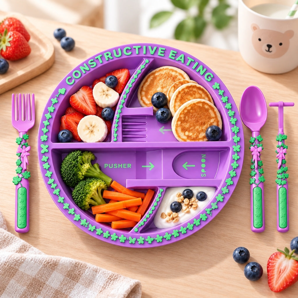 Kit assiette bébé violet thème jardin enchanté garni de fruits, pancakes, légumes et yaourt