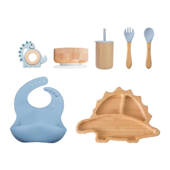 Set bebe repas bleu en bambou et silicone dinosaure sans BPA Bébé Miam