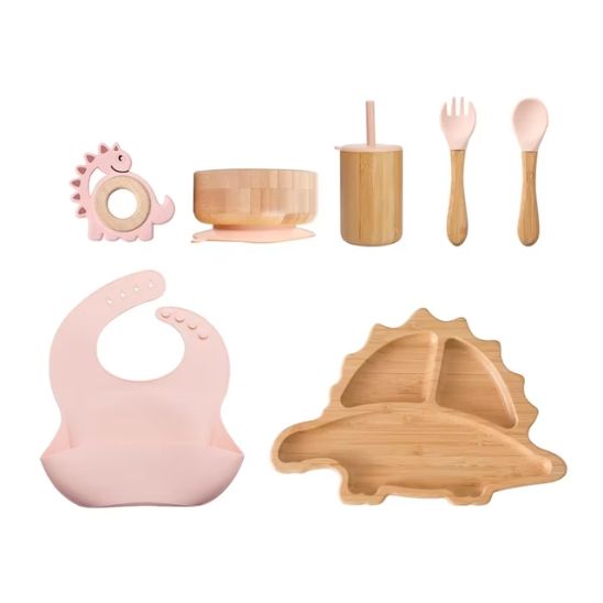 Set bebe repas rose en bambou et silicone complet 7 pieces Bébé Miam