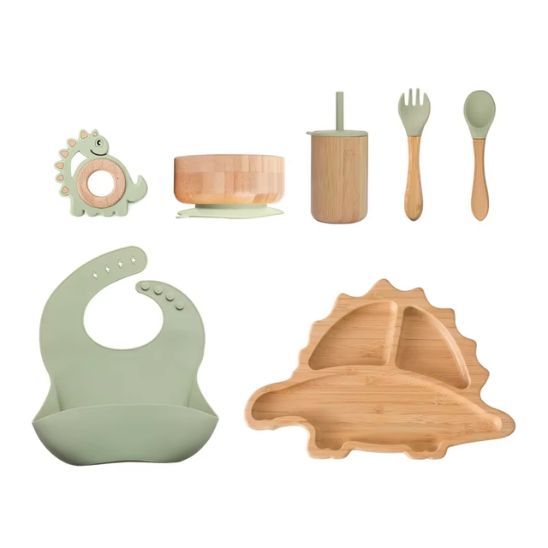 Set bebe repas vert bambou et silicone dinosaure complet et securise Bébé Miam