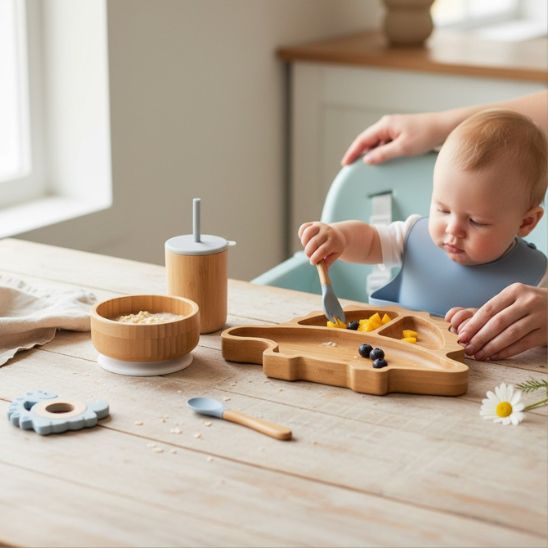 Assiette dinosaure bleue en bambou avec ventouse silicone repas bebe Bébé Miam