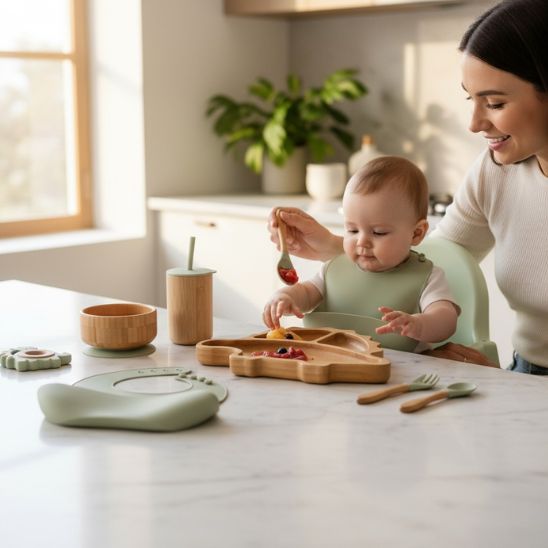 Assiette dinosaure verte en bambou avec ventouse silicone repas bebe Bébé Miam