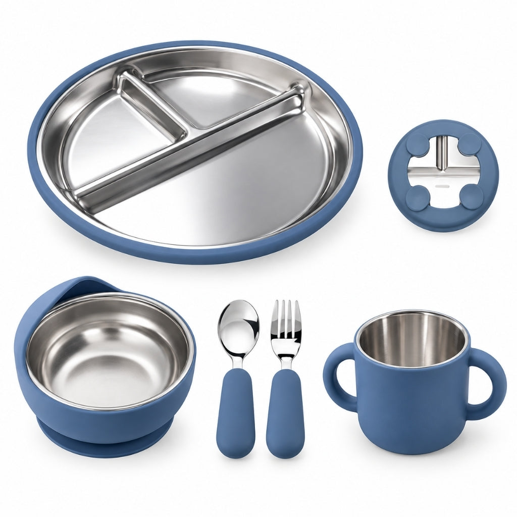 Set repas bébé bleu avec assiette, bol, tasse, cuillère et fourchette